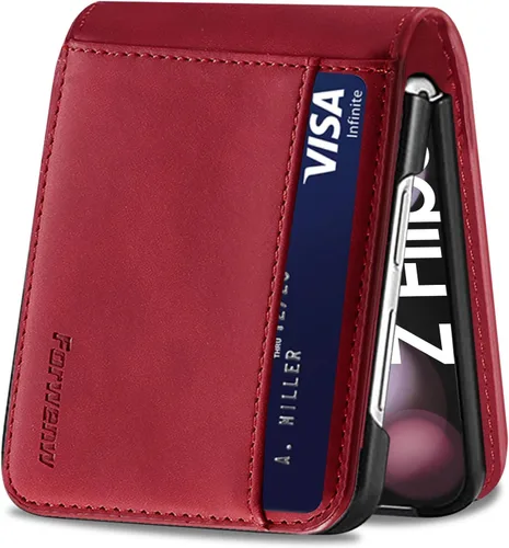 Miniatura 19 de Funda de piel con tapa para Samsung Galaxy Z Flip 3, con protección de bisagra, delgada y magnética tipo cartera [1 tarjetero], funda protectora a