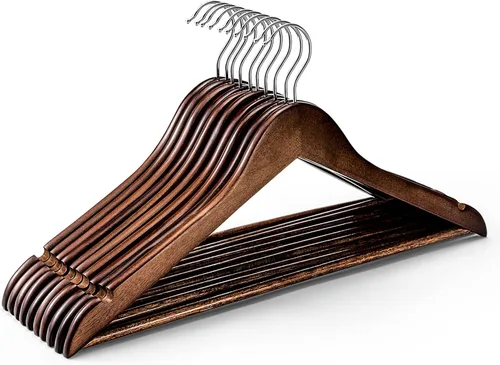HOUSE DAY Paquete de 10 perchas de madera resistentes para armario, colgador de madera con acabado liso con barra antideslizante para pantalones,