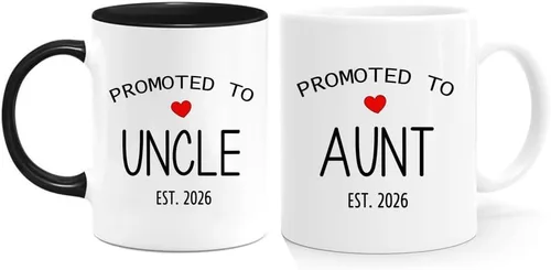 Juego de tazas Promoted to Aunt & Uncle 2026 – Regalos de revelación de embarazo, tío y tía por primera vez, tazas de café con anuncio de bebé para