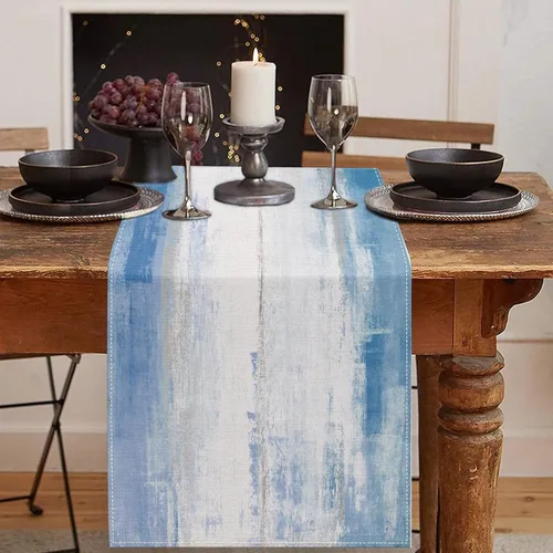 Miniatura 10 de Emvency - Camino de mesa de estilo granja, pintura de arte abstracto vintage en azul y gris para mesa de cocina, cenas familiares, fiestas, bodas