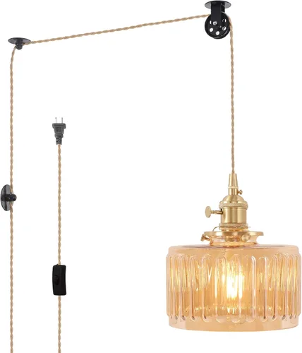 Miniatura 22 de Shenmoyl Lámpara colgante con pantalla de vidrio transparente a rayas, luz colgante vintage de latón, luz colgante ajustable para cocina, isla