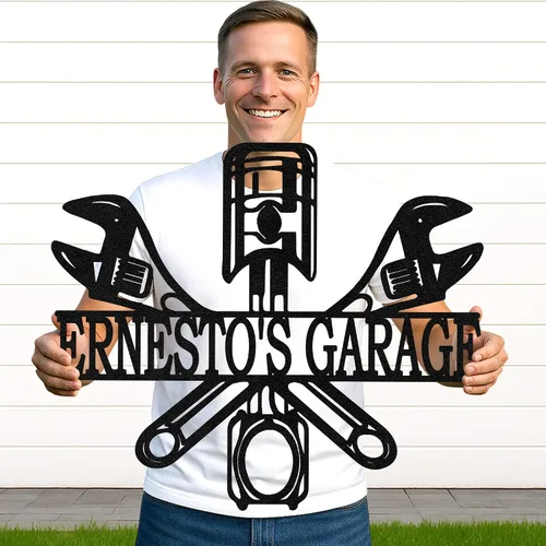 Miniatura 22 de Letrero de metal personalizado para garaje, arte de pared personalizado para hombres, decoración de taller mecánico con nombre, decoración