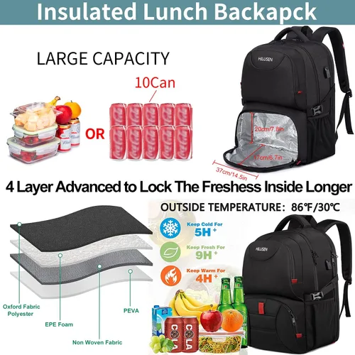 Miniatura 2 de HILUSEN Mochila extra grande para hombres 50L, mochila con aislamiento térmico para almuerzo, resistente al agua de 17 pulgadas, mochila