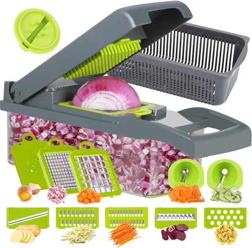 Miniatura 11 de Ourokhome Cortador de cebollas y verduras, cortador profesional de mandolina 12 en 1 para cocina, picador de alimentos multifuncional para papa, Gery