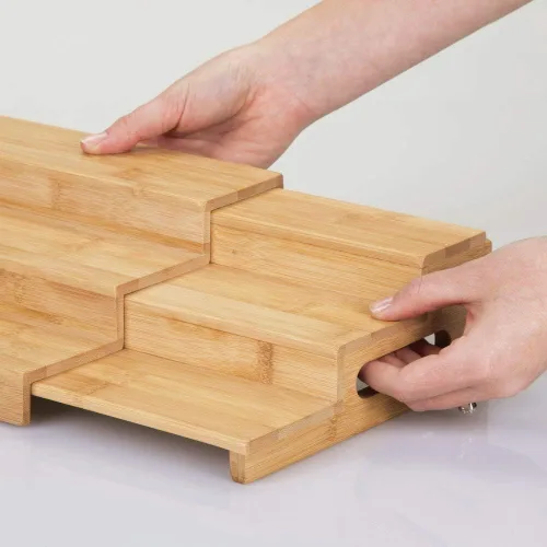 Miniatura 4 de mDesign Organizador de especias ajustable y expandible de bambú con 3 niveles de almacenamiento para armario de cocina, encimera, estante
