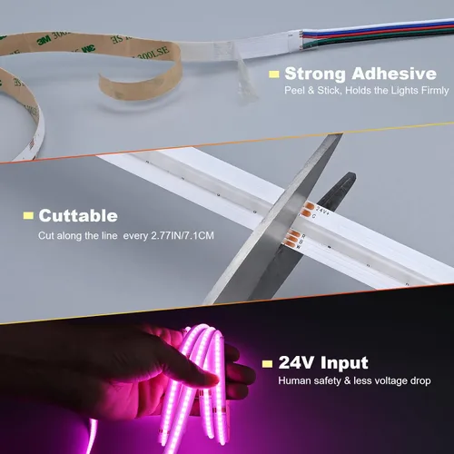 Miniatura 6 de JOYLIT Tira de luces LED COB RGBW de 32.8 pies, 24 V para interiores, RGB 3000 K, blanco cálido, 4 en 1, cinta LED sin puntos que cambia