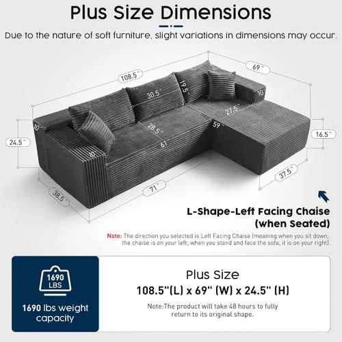 Miniatura 2 de Sofá modular gris con diván en forma de L de 108 pulgadas, sofá de pana de asiento profundo, tela de felpa similar a una nube, sofás para sala