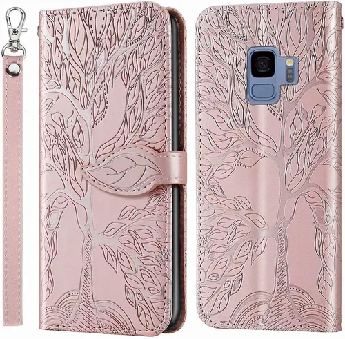 Funda tipo cartera para Samsung Galaxy S9, piel sintética de alta calidad con diseño de árbol en relieve, función atril, ranuras para tarjetas,