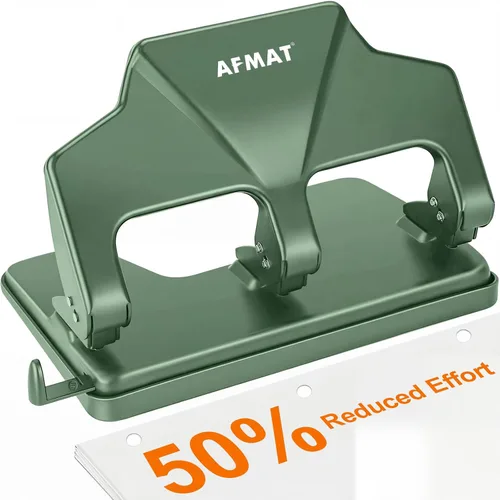 AFMAT Perforadora de 3 agujeros, diámetro de agujeros de 9/32 pulgadas, perforadora de tres agujeros de 40 hojas, 50% de esfuerzo reducido, Verde