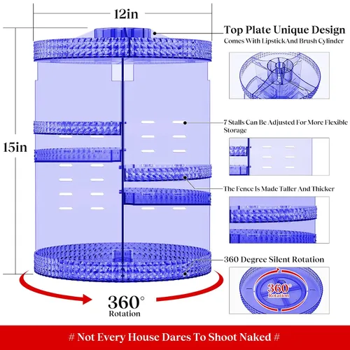 Miniatura 5 de Organizador de maquillaje giratorio grande de 360 grados para mostrador, organizadores de maquillaje acrílico azul, organizador de perfumes