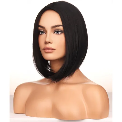 Miniatura 3 de BERON Pelucas negras estilo Bob de pelo corto liso para mujer, pelucas sintéticas negras naturales con parte media para uso diario en fiestas Negro