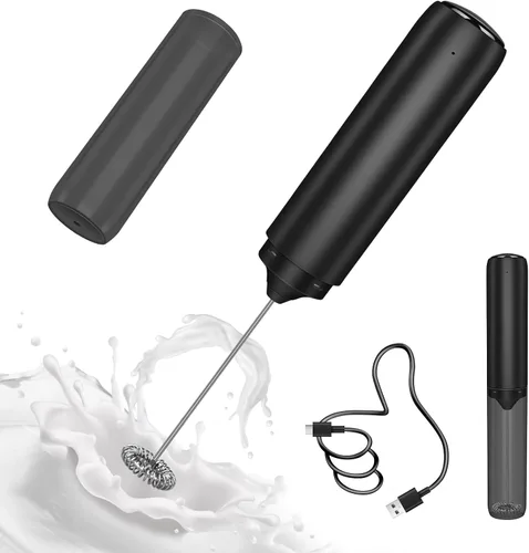 Espumador de leche recargable, varita espumadora con tapa, mezclador de bebidas de mano con batidor de acero inoxidable