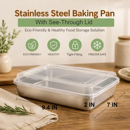 Miniatura 2 de E-far Molde para hornear pequeño con tapa, 9.4 x 7 x 2 pulgadas, moldes rectangulares de acero inoxidable para horno tostador, utensilios