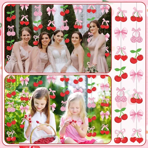 Miniatura 7 de Xinnun Decoraciones de Fiesta de Cerezas Pancartas Colgantes con Lazo Rosa Guirnalda Cerezas Decoraciones de Baby Shower Recortes Cintas Serpentinas