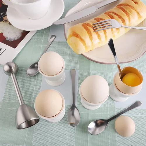 Miniatura 6 de Juego de decoración de galletas de huevo para quitar cáscaras de huevos duros y suaves, incluye 1 cortador de huevos, 4 tazas de huevos de cerámica