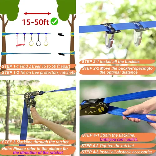 Miniatura 4 de Ninja Warrior - Carrera de obstáculos para patio trasero de niños, kit de línea floja de 65 pies con 13 obstáculos, hebillas de instalación rápida