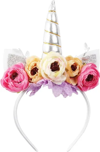 Miniatura 7 de Nishine Diadema de cuerno de unicornio con purpurina para niñas, diadema de camelia pony, banda para el pelo de flores, tiara para fiesta, regalo