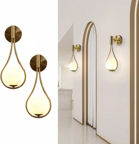 Miniatura 7 de BOKT Juego de 2 apliques de pared dorados modernos enchufables de mediados de siglo, lámparas de pared de globo transparente simple y creativo