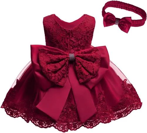 Vestidos de encaje para concursos de niñas bebés de 0-2 años, vestido bordado para fiestas con diadema