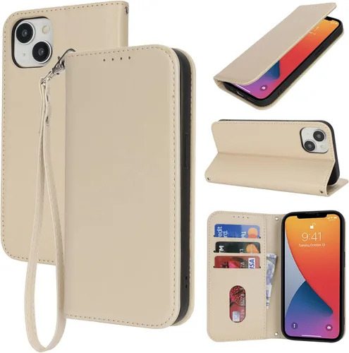Funda tipo cartera para iPhone 13, iPhone 14, con tarjetero y correa para la muñeca, piel sintética a prueba de golpes, con función atril magnético,