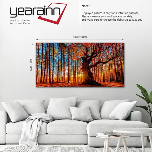 Miniatura 7 de Arte de pared de bosque al atardecer, cuadros de árboles de hojas rojas, paisaje, lienzo, obra de arte contemporánea, pintura de naturaleza impresa