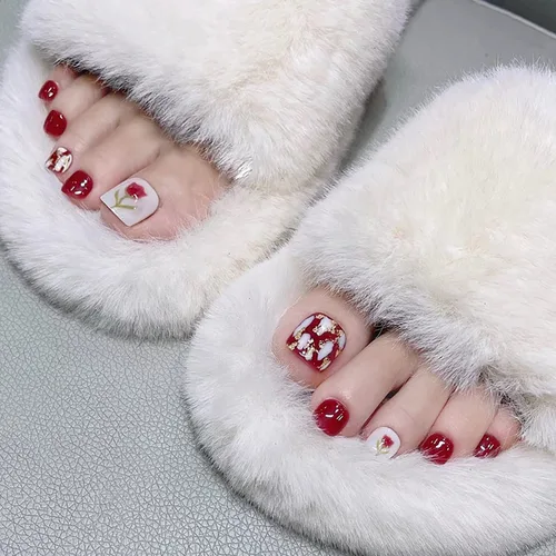 Miniatura 43 de Uñas postizas acrílicas artificiales negras para los dedos de los pies, ataúd a presión con diseños de flores blancas, uñas postizas reutilizables