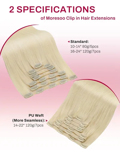 Miniatura 9 de Moresoo Extensiones de cabello humano Remy con clip, color rubio platino, extensiones de cabello humano real de doble trama, color rubio #60, 18