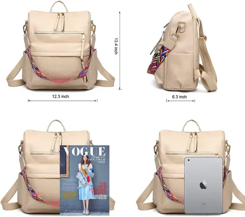 Miniatura 6 de Mochila para mujer bolsa de viaje de moda multiusos bolso de diseñador para mujer bolso de hombro de piel sintética Beige 123W x 134H x 63T Portátil