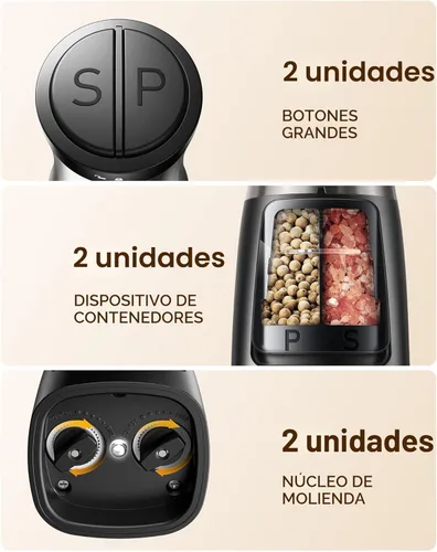 Miniatura 7 de Sangcon Juego de Molinillo Eléctrico de Sal y Pimienta Agitador 2 EN 1 - Molinillo Automático de Sal y Pimienta, Funcionamiento con Una Mano