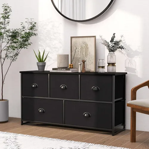 Miniatura 2 de Giantex Cómoda negra para dormitorio con 5 cajones, amplio organizador de almacenamiento de ropa con 5 cubos de tela, marco de metal resistente