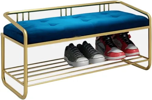 Banco de zapatos de 2 niveles con marco de metal, banco de almacenamiento de zapatos para entrada, pasillo, sala de estar (color azul, tamaño: 31.5