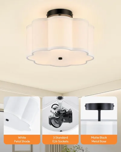 Miniatura 5 de VONLUCE Lámpara de techo semiempotrada de 12.6 pulgadas, moderna lámpara de techo de 3 luces con pantalla en forma de pétalos blancos, 3 enchufes