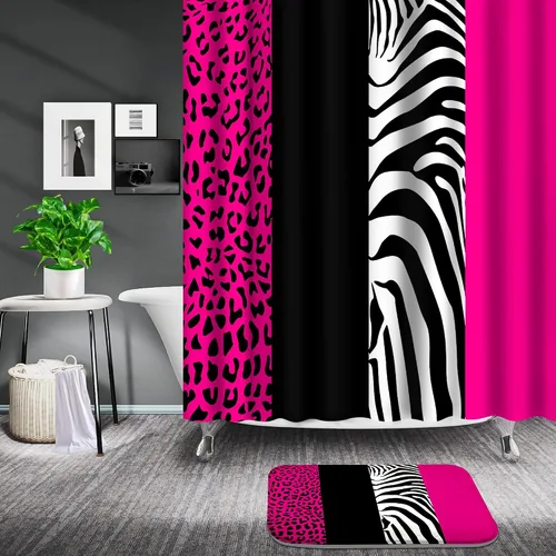 Miniatura 2 de Poedist - Juego de cortinas de ducha para baño, 4 piezas, estampado de leopardo rosa, estilo brillante, incluye cortinas de ducha y tapetes