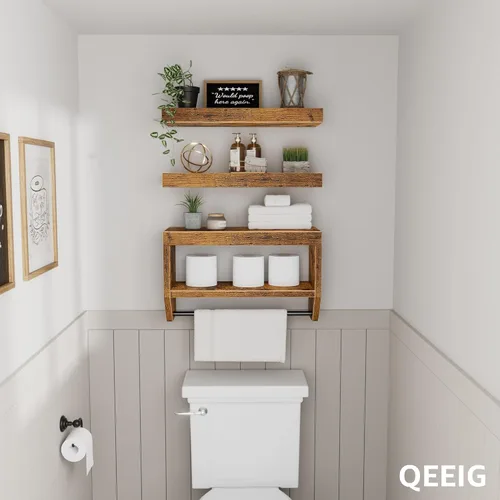 Miniatura 6 de QEEIG Estantes flotantes de baño para pared - Estante sobre inodoro para almacenamiento de papel higiénico estilo granja, 16 pulgadas, juego de 3