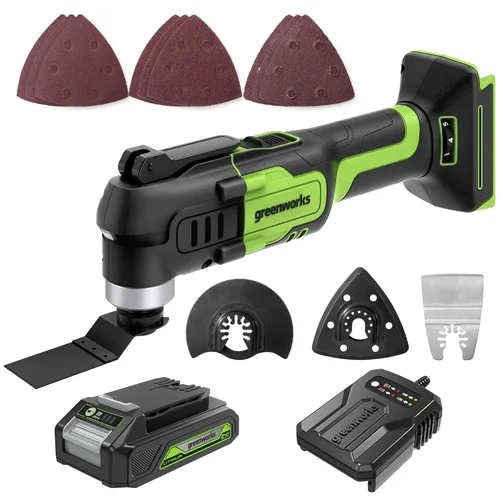 Greenworks 24V - Multiherramienta inalámbrica, herramienta oscilante para cortar/clavar/raspar/lijar con control de 6 velocidades variables, batería