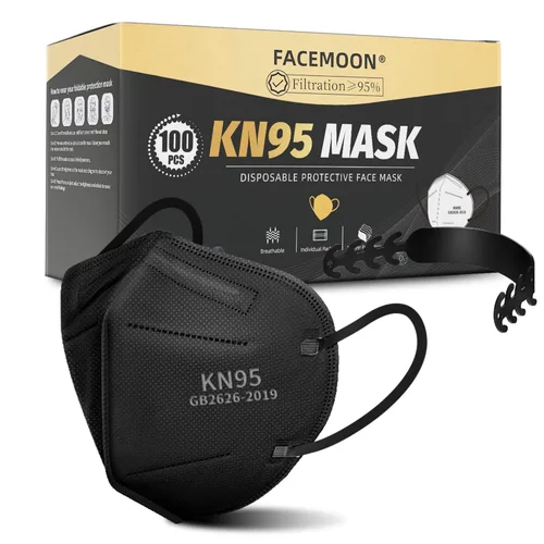 Mascarillas Faciales KN95 Negras para Adultos - Paquete de 100 Mascarillas Desechables Cómodas de Seguridad de 5 Capas y 5 Extensores de Mascarillas