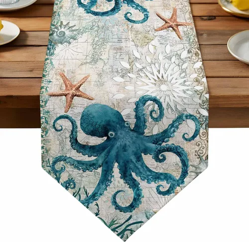 Miniatura 10 de Camino de mesa de verano pequeño de 13 x 36 pulgadas, acuarela azul, lino y algodón, pulpo de animales marinos, manteles retro con temática náutica