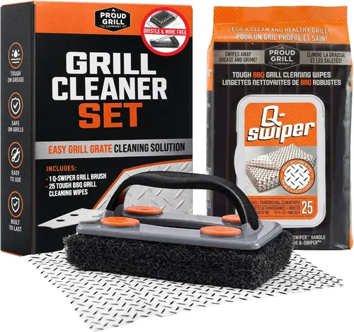 Proud Grill Q-Swiper - Juego de limpiador de parrilla para barbacoa, 1 cepillo de parrilla con raspador y 25 toallitas de limpieza para parrilla,