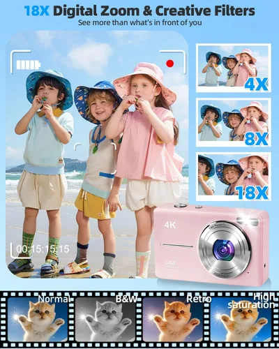 Miniatura 3 de Cámara digital 4K para fotografía, enfoque automático de 64 MP, tarjeta TF de 32 GB, pantalla LED de 2.8 pulgadas, zoom 18X, antivibración, cámaras