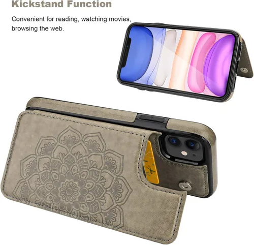 Miniatura 5 de Vaburs Funda compatible con iPhone 11 con tarjetero y diseño de mandala en relieve, piel sintética de alta calidad, doble botones magnéticos, a Gris