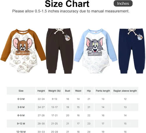 Miniatura 7 de PATPAT Tom and Jerry - Mameluco de manga larga con estampado de personajes o pantalones lisos, 0-18 meses