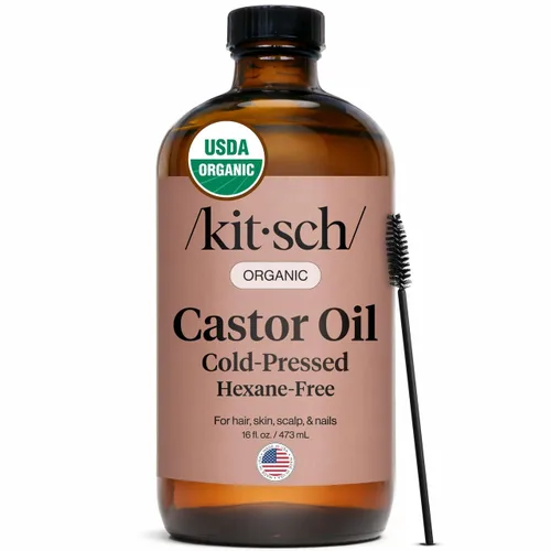 Aceite de ricino orgánico Kitsch para el crecimiento del cabello - 100% aceite de ricino puro, botella de vidrio orgánica prensada en frío sin