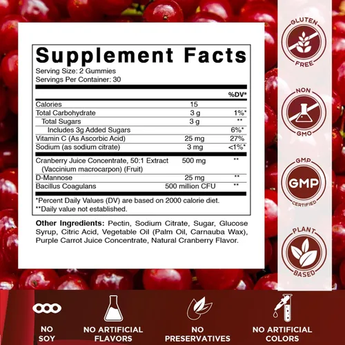 Miniatura 2 de Vitamatic Paquete de 2 Gomitas Veganas de Arándano Rojo con D-Manosa, Probiótico y Vitamina C para la Salud del Tracto Urinario Femenino
