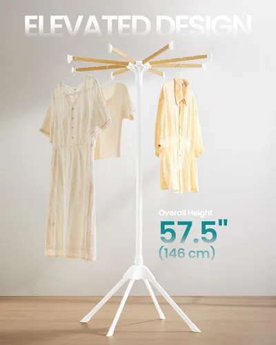 Miniatura 4 de SONGMICS Estante de secado de ropa, con varillas de bambú para colgar, estante de lavandería plegable de metal, ahorro de espacio, aireador