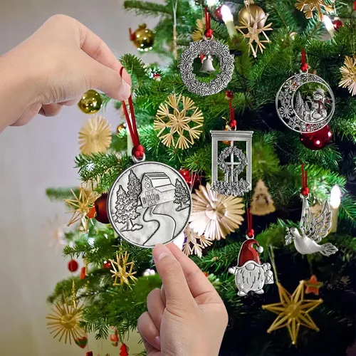 Miniatura 4 de Adornos navideños, 2024 Adorno de árbol de Navidad de peltre sólido hecho a mano de metal para colgar, artesanía DIY, coleccionables para árboles