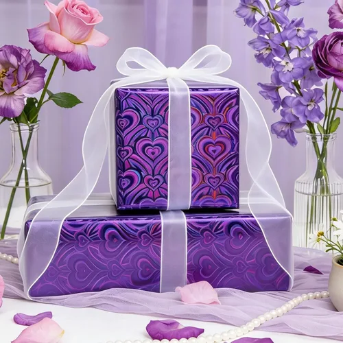 Miniatura 6 de Homeral Rollo de papel de regalo holográfico morado, patrón de corazón iridiscente brillante para el día de San Valentín, cumpleaños, día