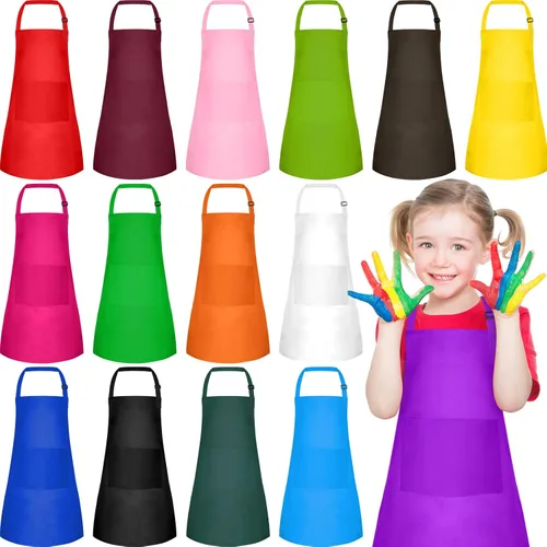 Miniatura 12 de PLULON 10 delantales para niños con 2 bolsillos, delantales de pintura a granel, delantales de pintura ajustables, delantales de chef para niñas, 10