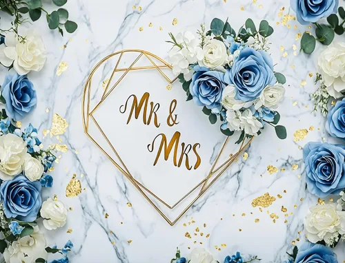 Miniatura 2 de LB Telón de fondo de boda de señor y señora de 5 x 3 pies, diseño floral de rosa blanca y azul, para fotografía de pareja, boda, fiesta, pancarta