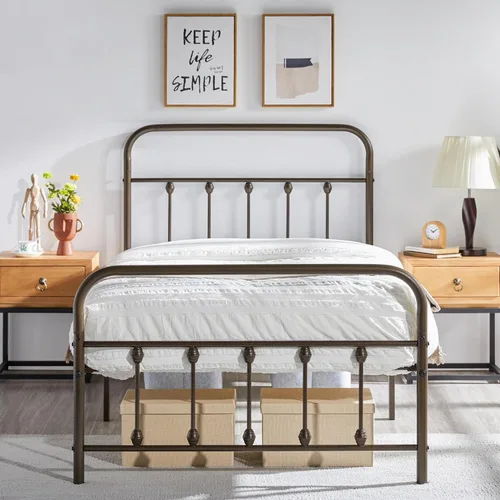 Miniatura 22 de Yaheetech Base de cama clásica de metal con base de colchón con estilo victoriano, cabecera, estribo, almacenamiento debajo de la cama, no necesita