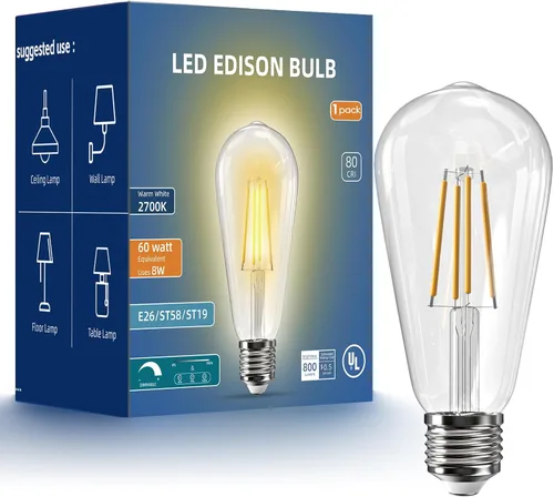 Miniatura 32 de Jensense Bombillas LED Edison E26, 60 vatios equivalentes, bombillas regulables, 2300 K, luz blanca cálida (cristal ámbar), estilo vintage